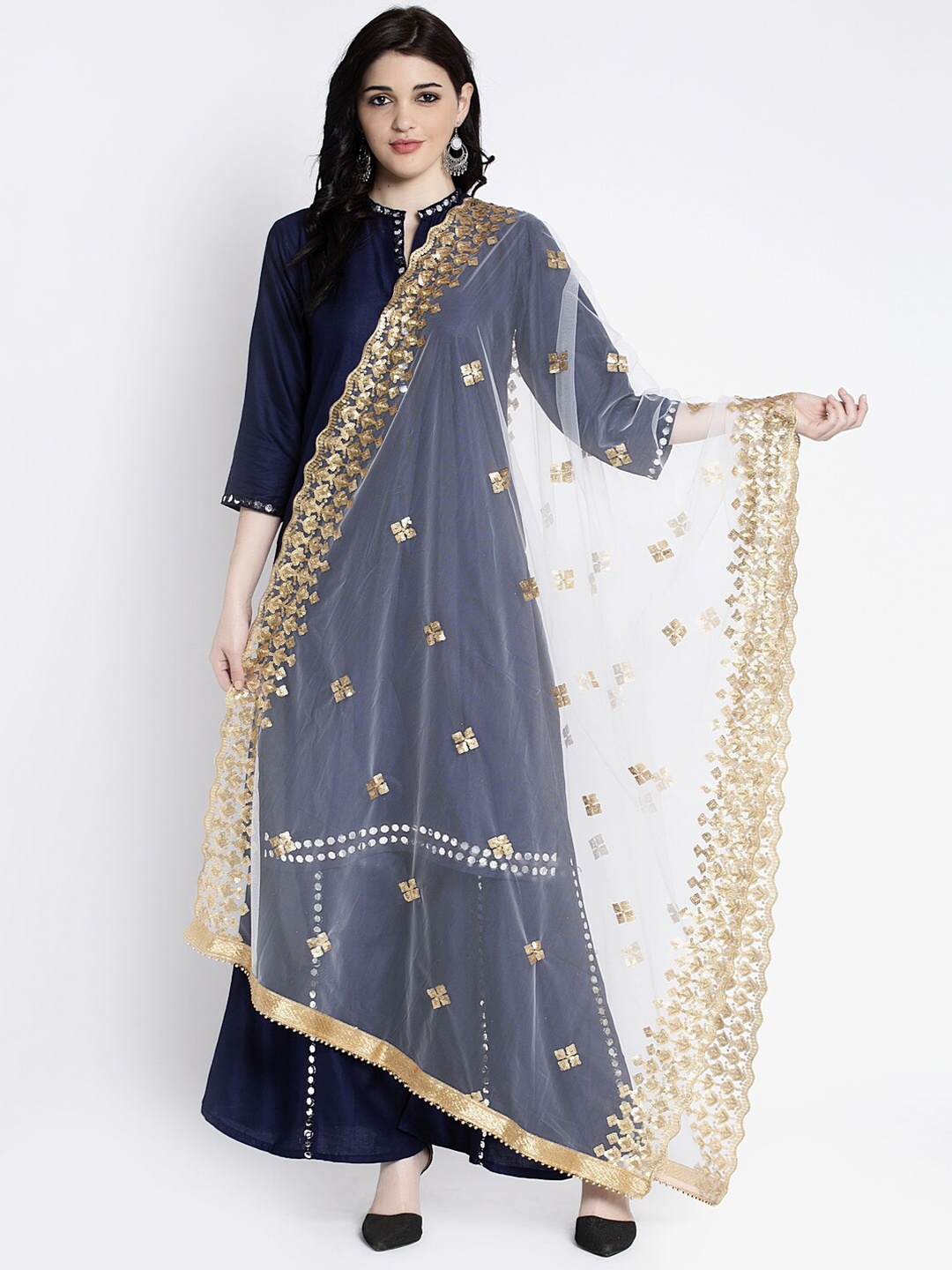 

Clora Creation White & Gold-Toned Ethnic Motifs Embroidered Dupatta with Sequinned