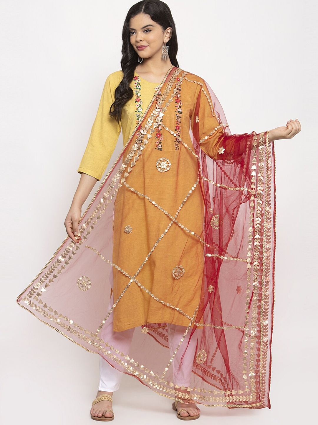 

Clora Creation Red & Gold-Toned Ethnic Motifs Dupatta with Gotta Patti