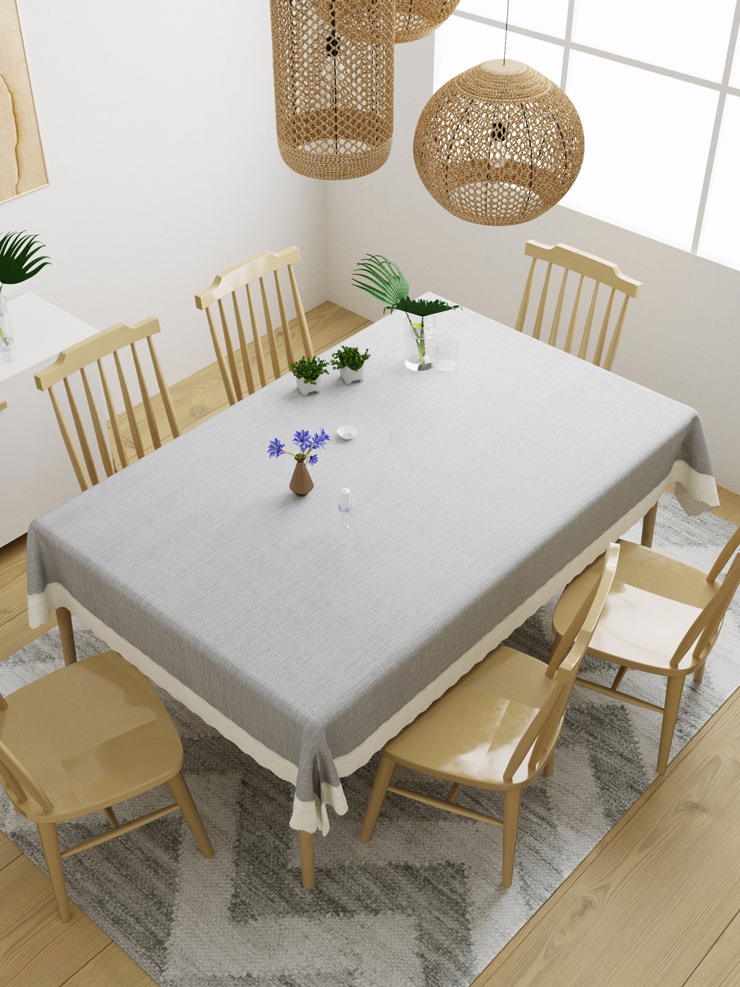 

DREAM WEAVERZ Grey & White Solid 6-Seater Table Cover