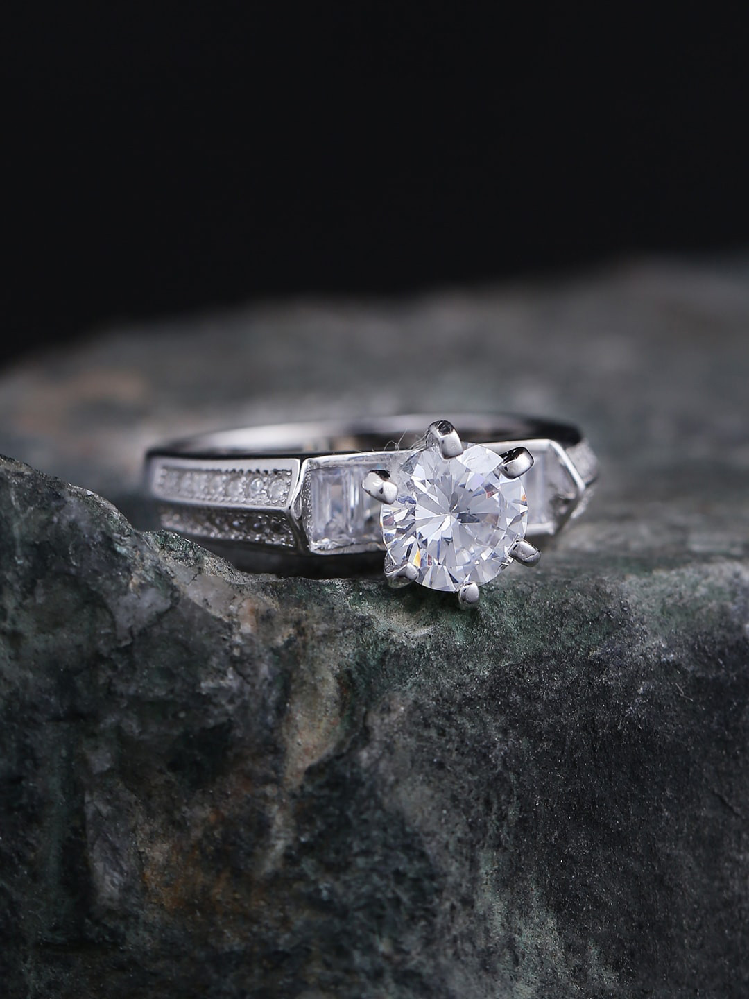 

ADORN by Nikita Ladiwala Silver-Toned & White CZ Stone-Studded Finger Ring