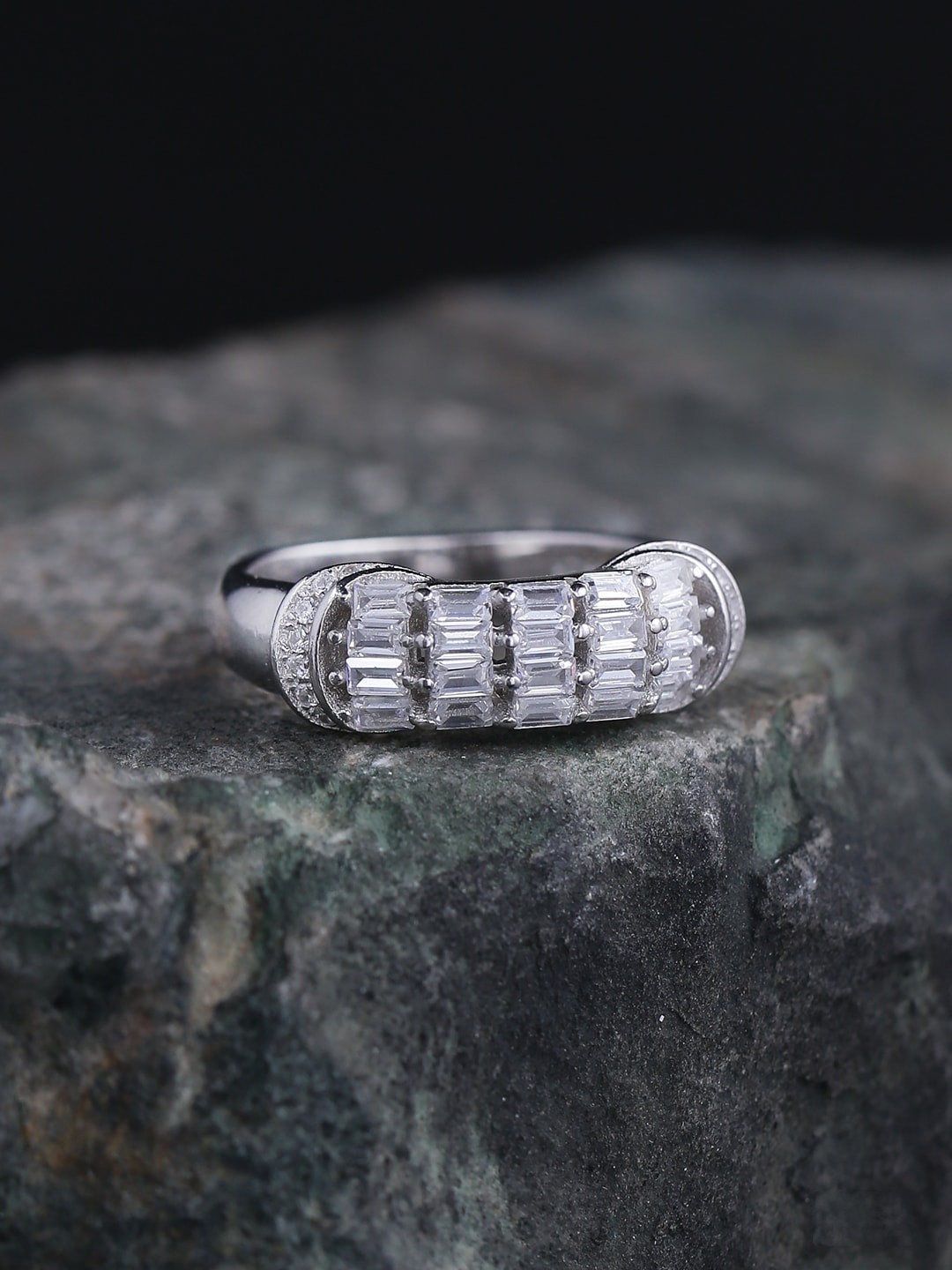 

ADORN by Nikita Ladiwala Silver-Toned & White CZ Studded Finger Ring
