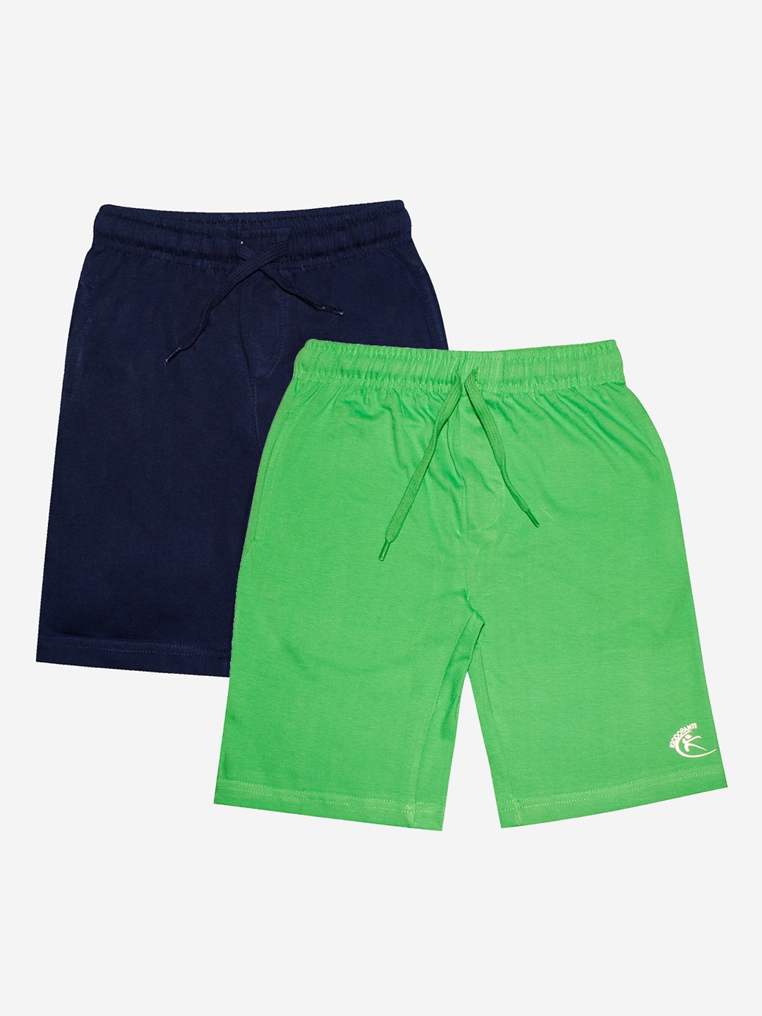 

KiddoPanti Boys Navy Blue & Green Pack Of 2 Solid Sports Shorts