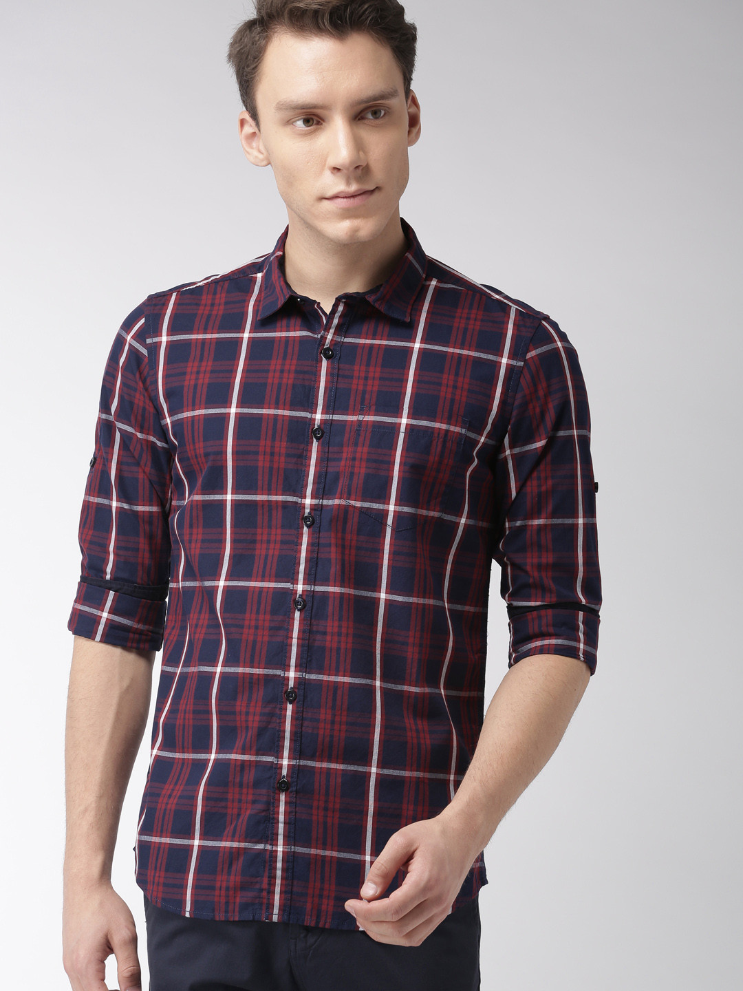 

HIGHLANDER Men Navy & Red Slim Fit Checked Casual Shirt, Navy blue