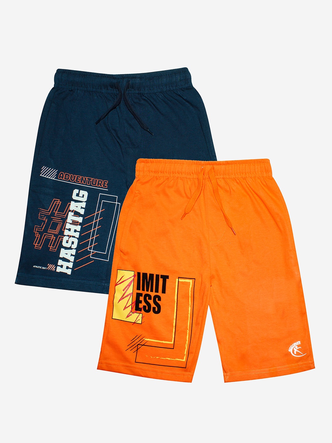 

KiddoPanti Boys Set of 2 Navy Blue & Orange Printed Sports Shorts