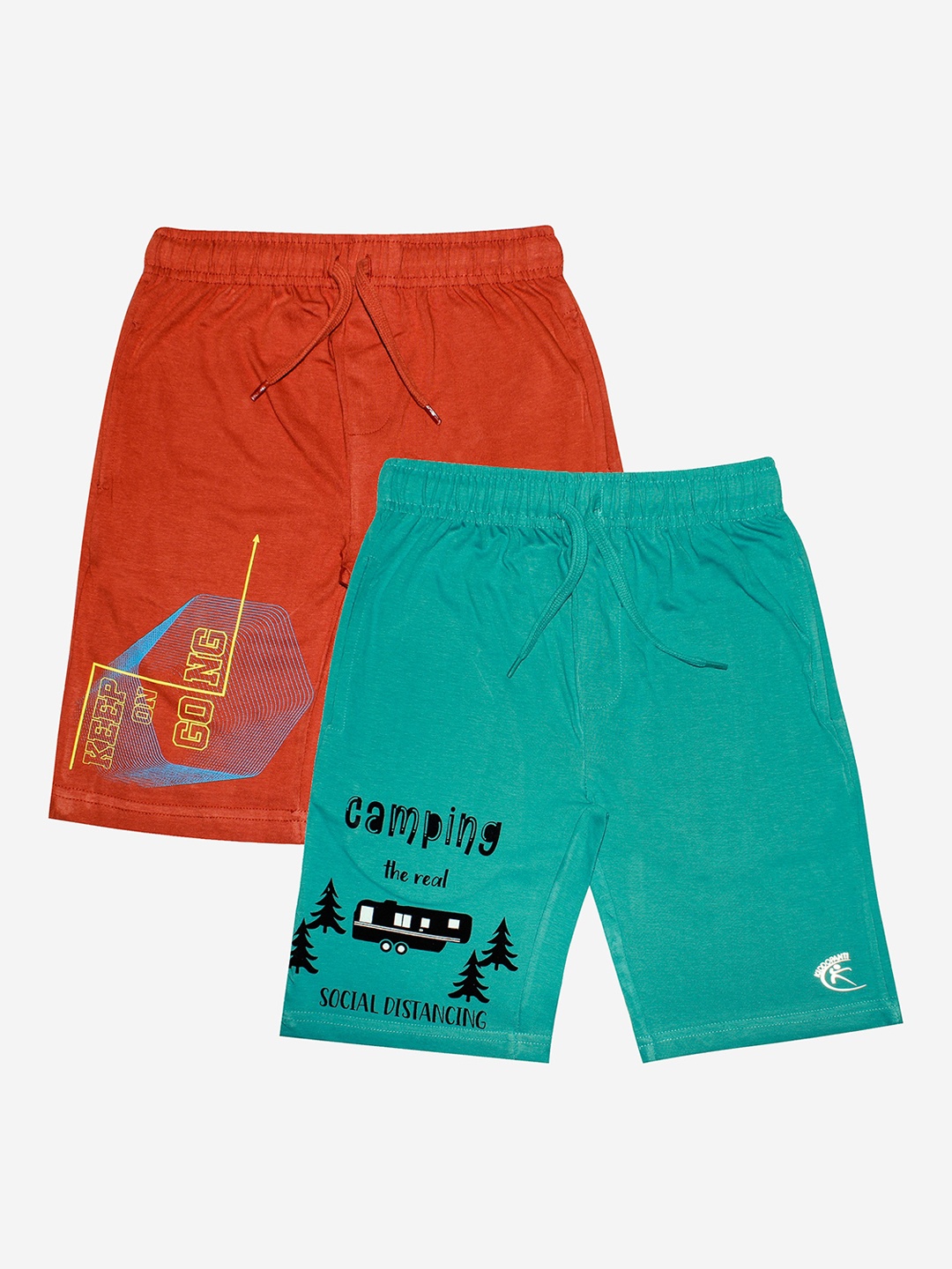 KiddoPanti Boys Pack of 2 Typography Printed Pure Cotton Sports Shorts, Brown