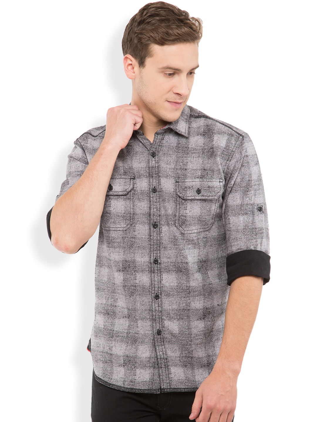 

LOCOMOTIVE Men Grey Slim Fit Checked Casual Shirt