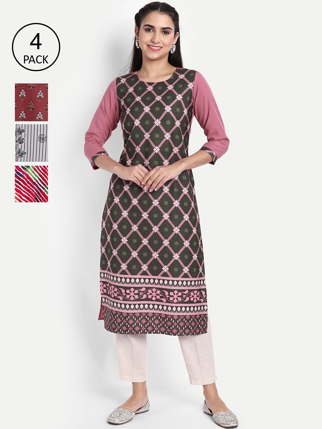 

Ethnic basket Women Pack Of 4 Multicoloured Printed Crepe Kurtas, Multi