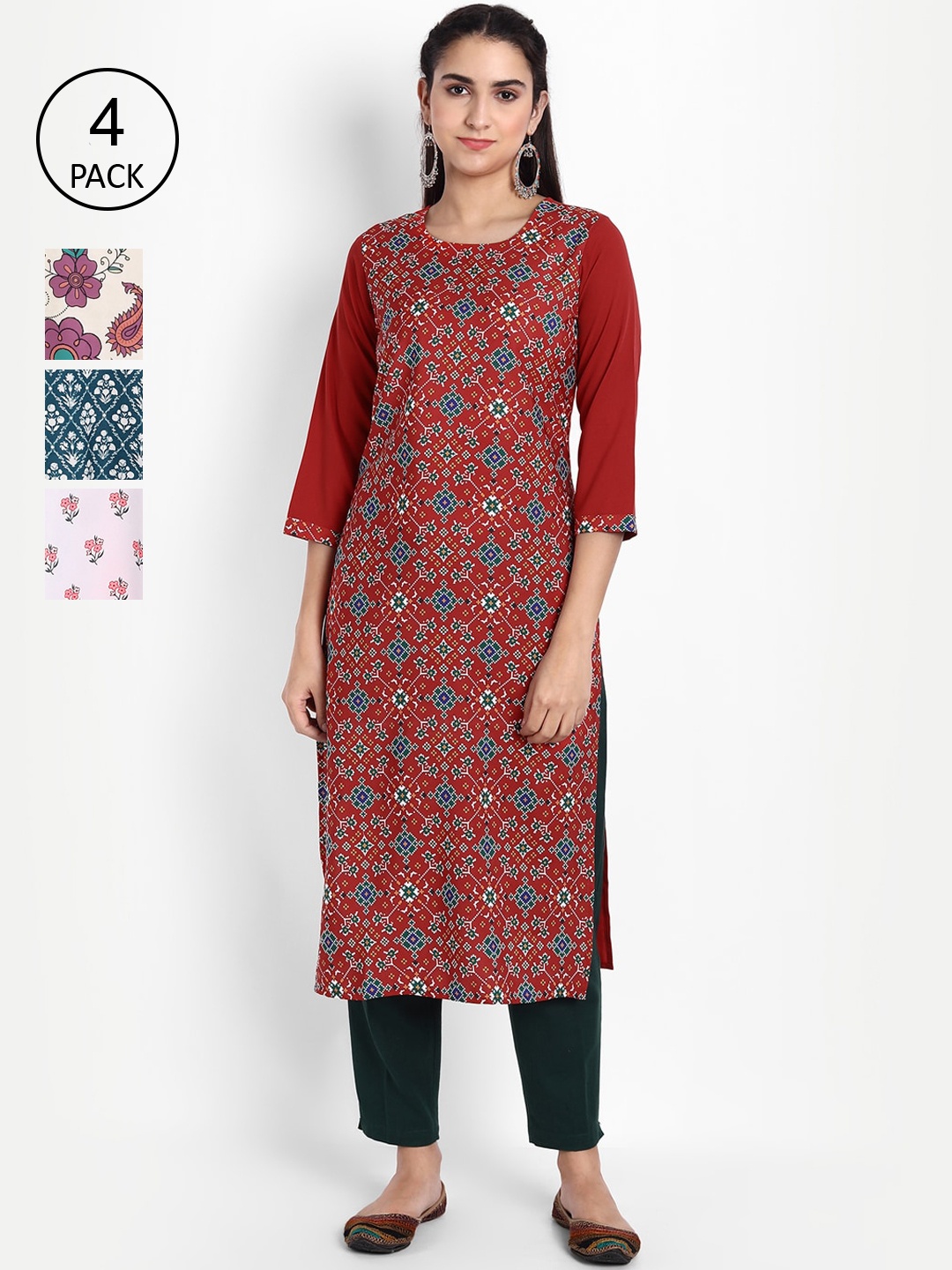 

Ethnic basket Women Pack Of 4 Printed Crepe Kurta, Red