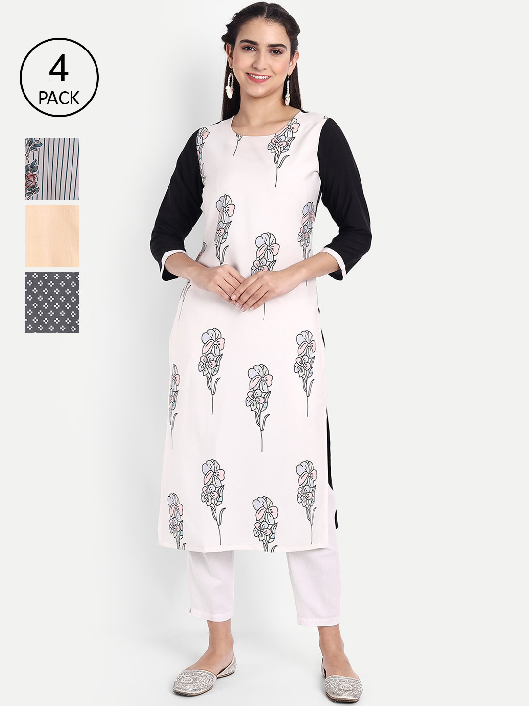 

Ethnic basket Women White & Grey Pack Of 4 Printed Straight Kurta