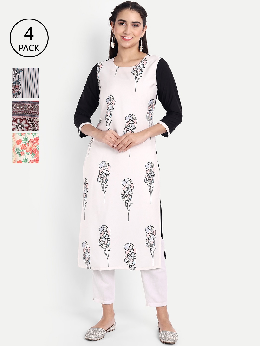 

Ethnic basket Women Multicoloured Floral Printed Thread Work Floral Crepe Kurta, Multi