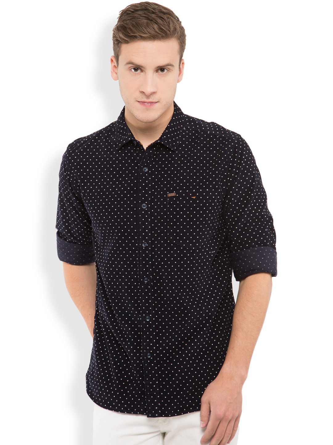 

LOCOMOTIVE Men Navy Slim Fit Polka Dot Print Casual Shirt, Navy blue
