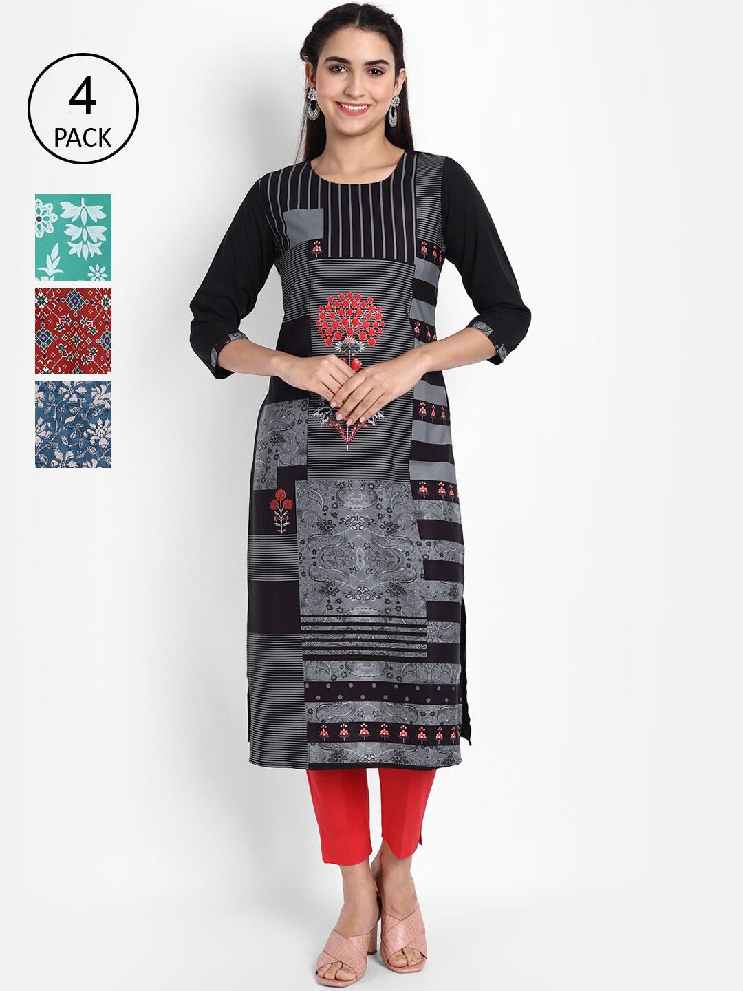 

Ethnic basket Woman Pack of 6 Multicoloured Printed Crepe Kurta, Multi