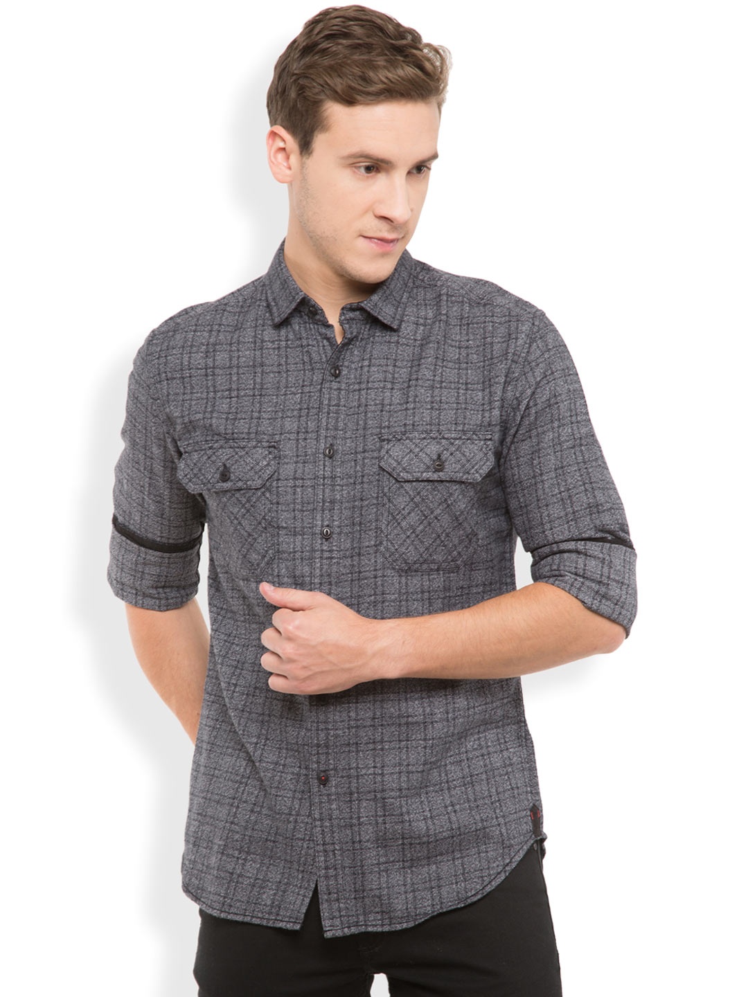 

LOCOMOTIVE Men Grey Slim Fit Checked Casual Shirt