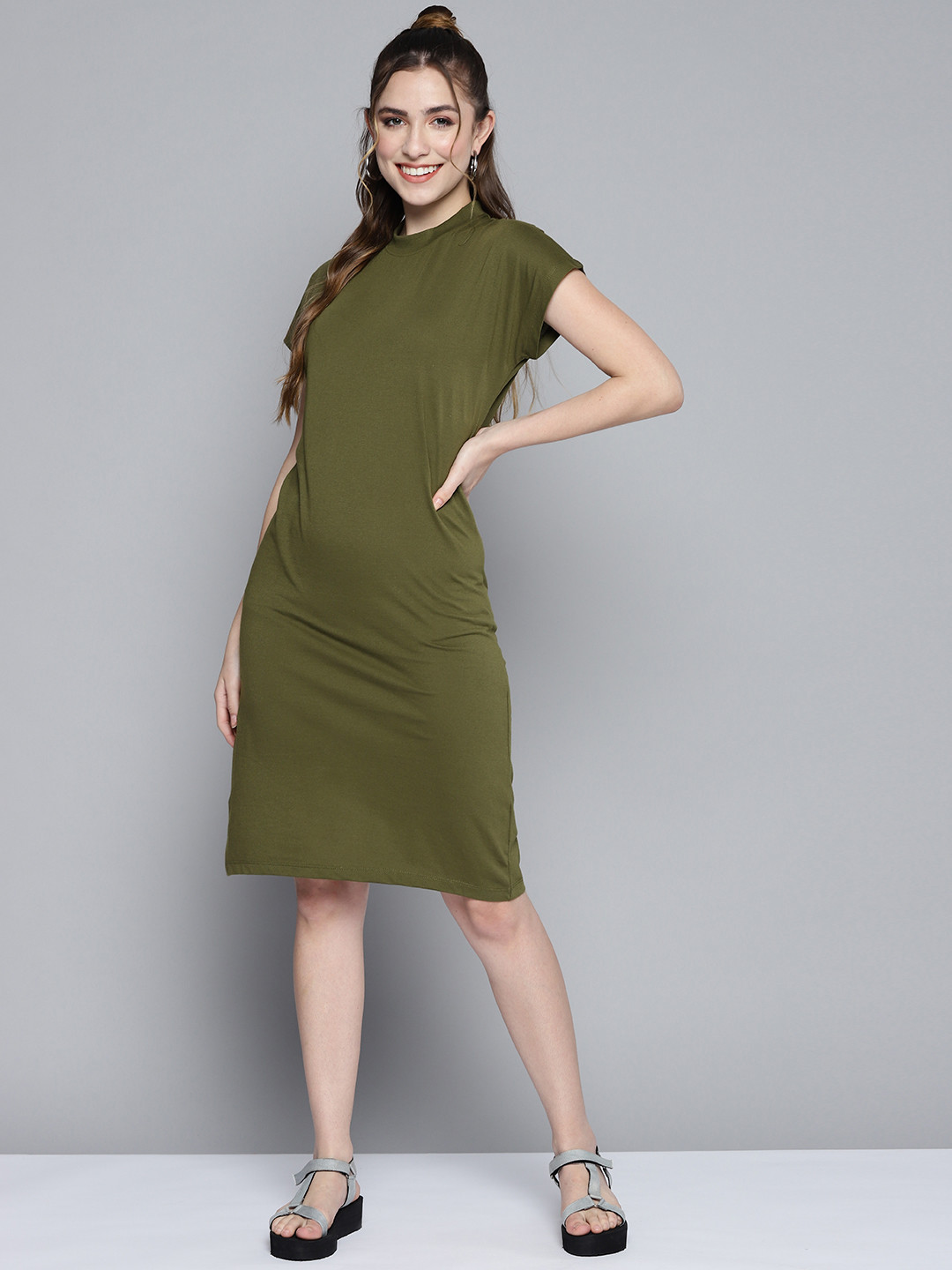 

HERE&NOW Women Olive Green A-Line Dress