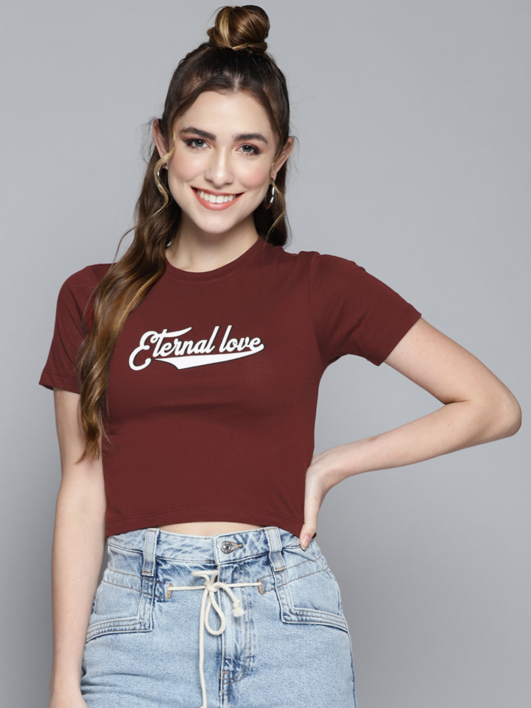 

HERE&NOW Maroon & White Typography Print Crop Top