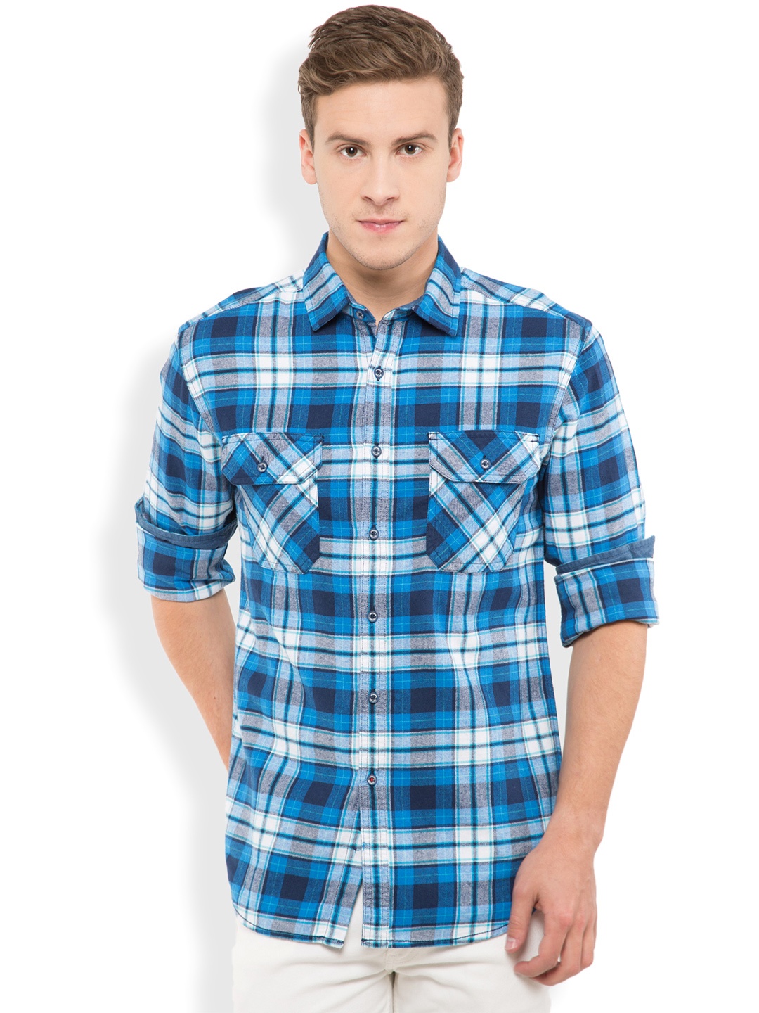 

LOCOMOTIVE Men Blue & White Slim Fit Checked Casual Shirt