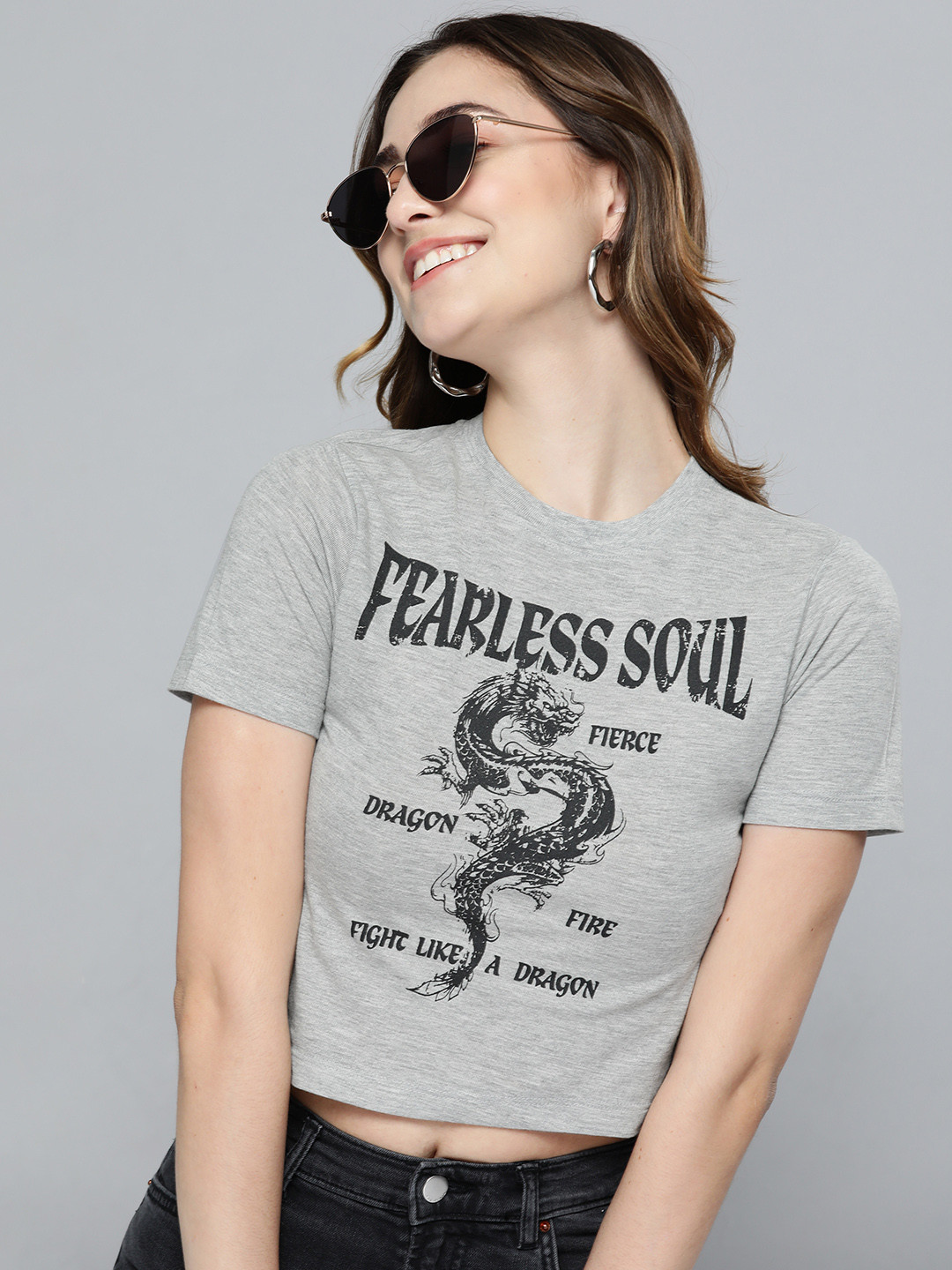 

HERE&NOW Women Grey Melange & Black Printed Crop T-shirt