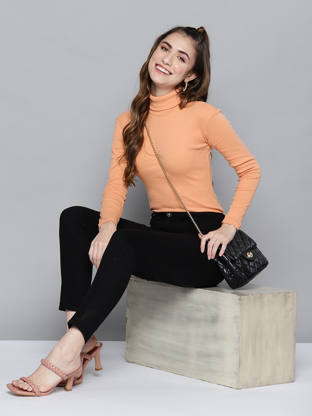 

HERE&NOW Women Peach-Coloured Ribbed High Neck T-shirt