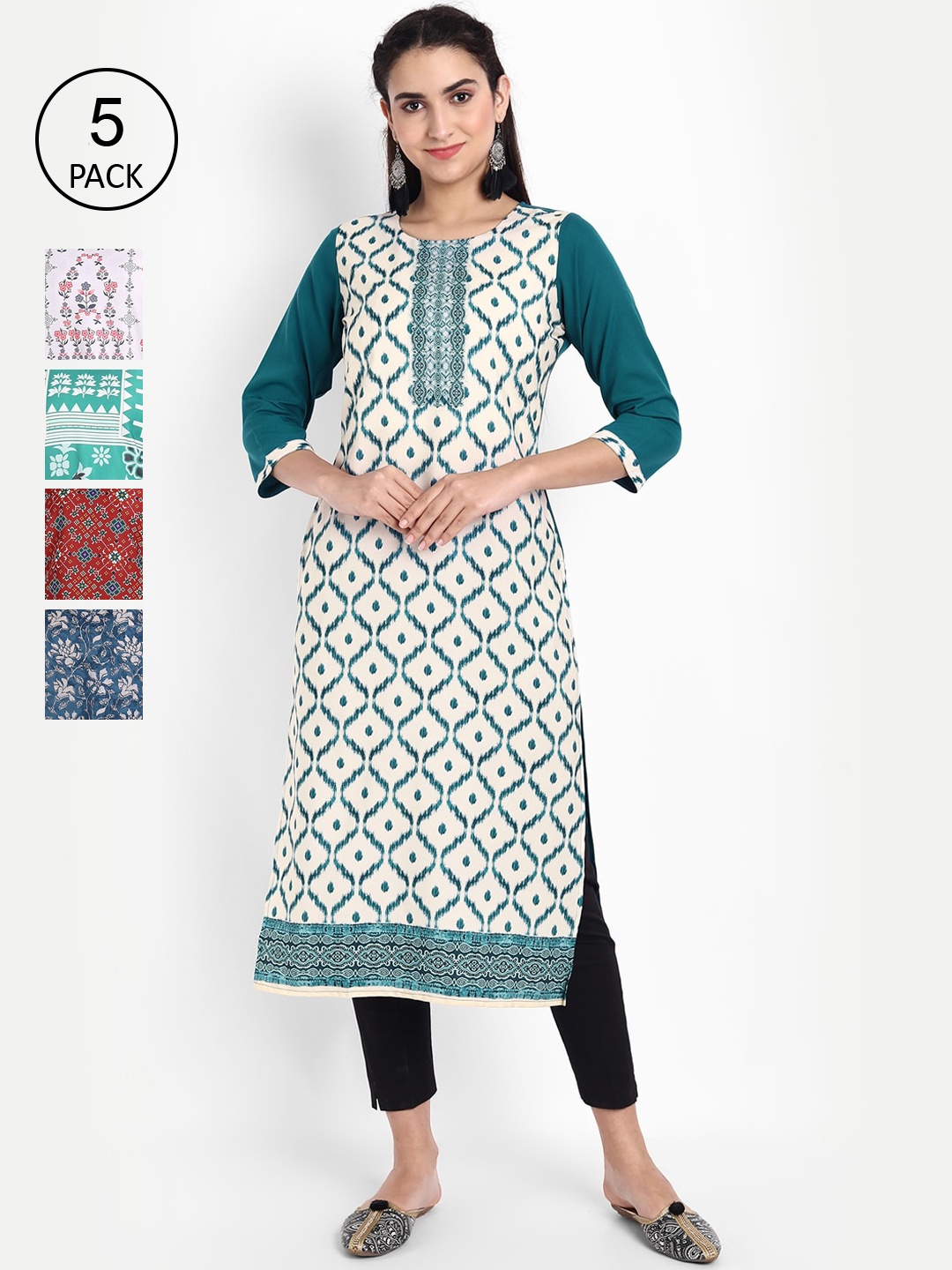 

Ethnic basket Woman Pack of 6 Multicoloured Geometric Printed Crepe Kurta, Multi