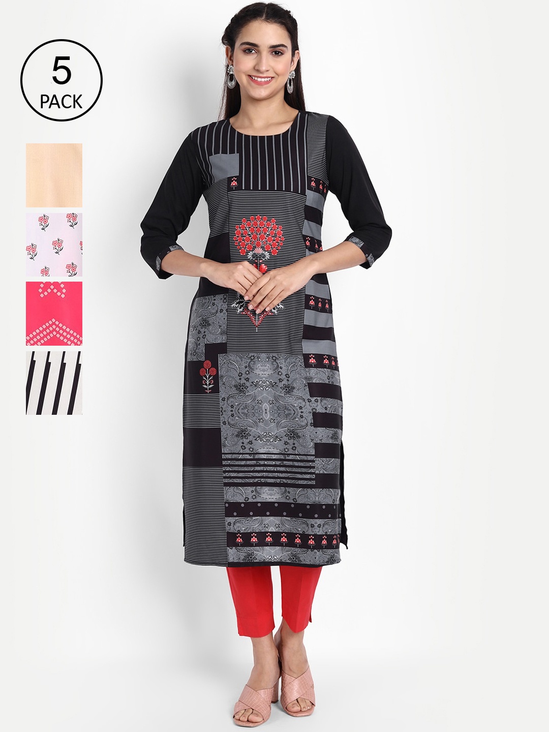 

Ethnic basket Pack of 5 Women Ethnic Motifs Printed Crepe Kurta, Multi