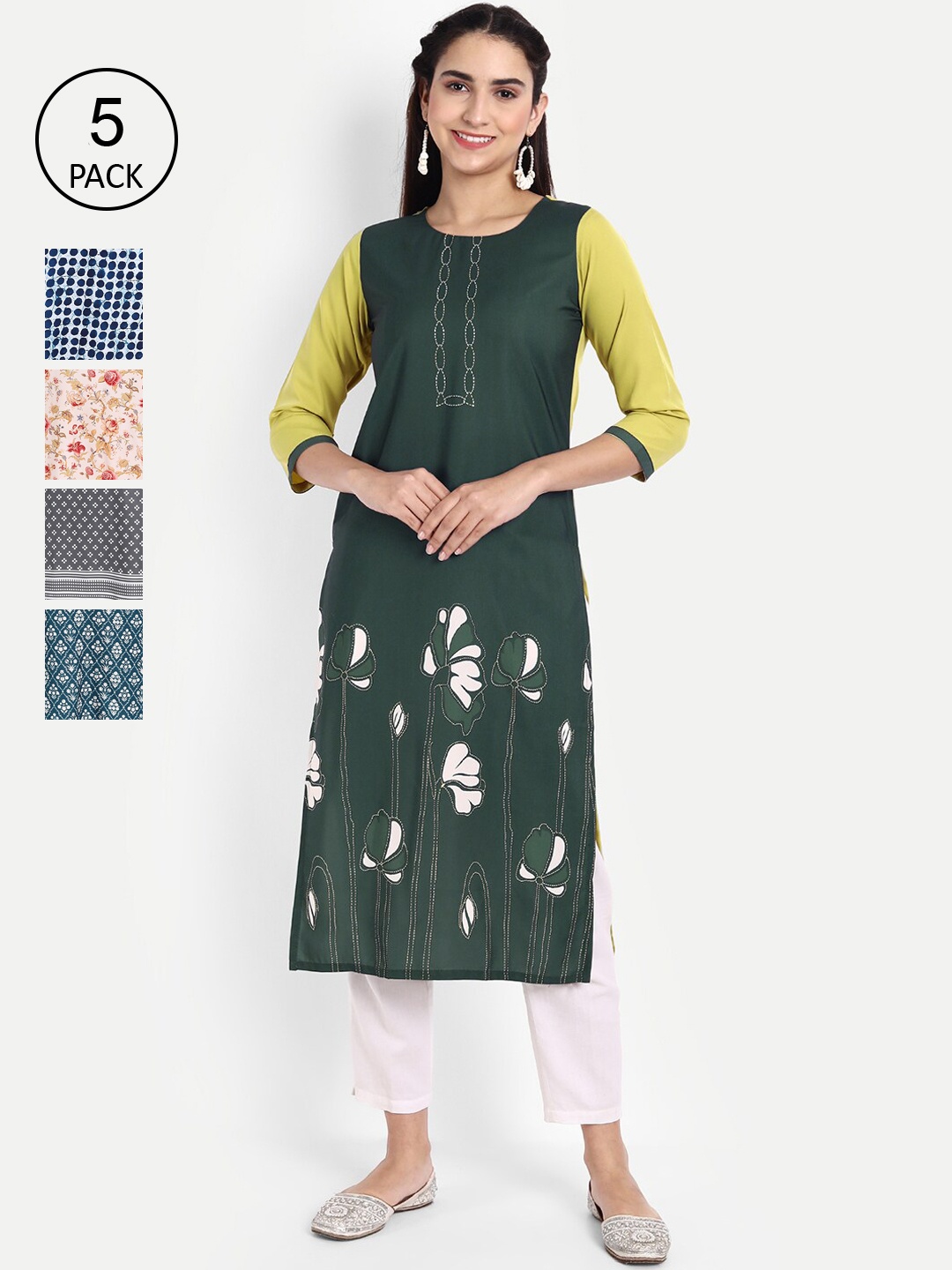 

Ethnic basket Women Pack of 5 Ethnic Motifs Printed Crepe Kurta, Green