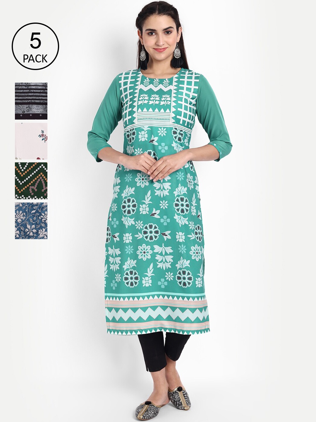 

Ethnic basket Women Pack of 5 Green & White Printed Crepe Kurta