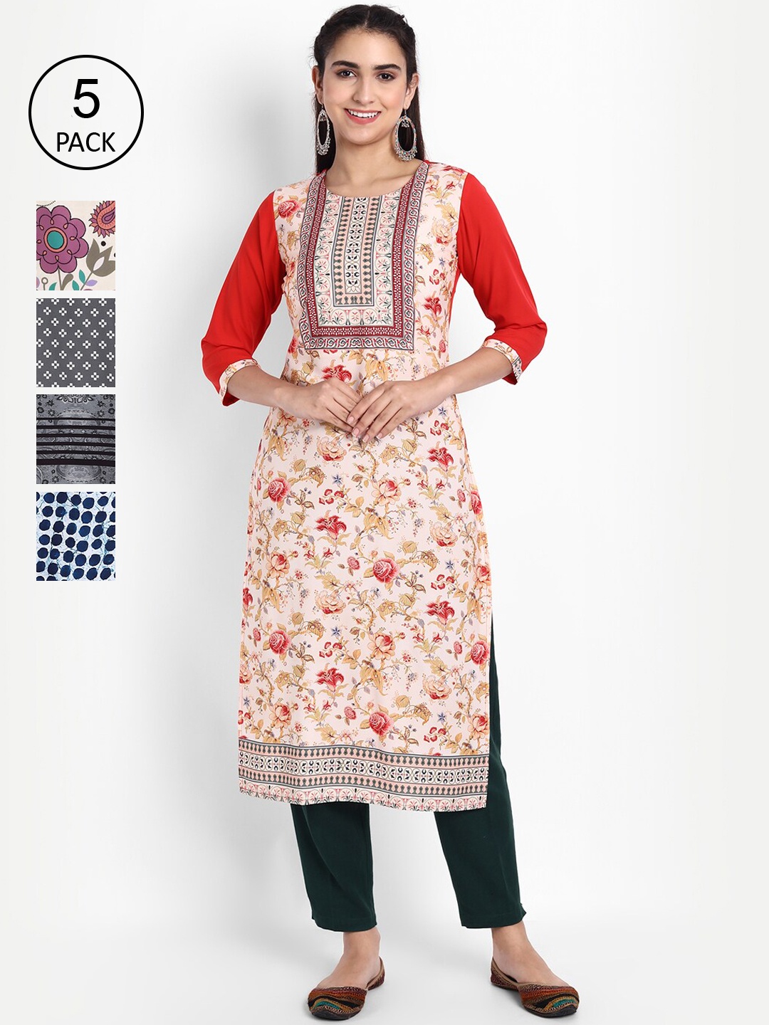 Ethnic basket Women Pack of 5 Ethnic Motifs Printed Floral Crepe Kurta, Multi