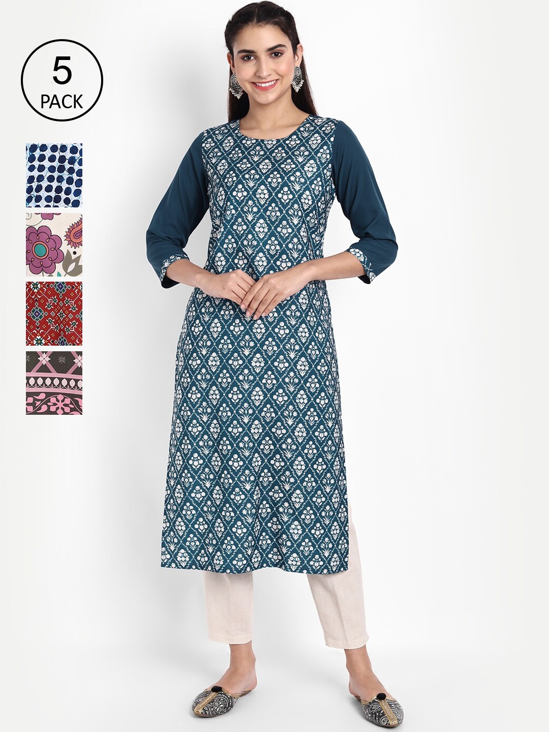 

Ethnic basket Women Set of 5 Ethnic Motifs Printed Crepe Kurta, Multi