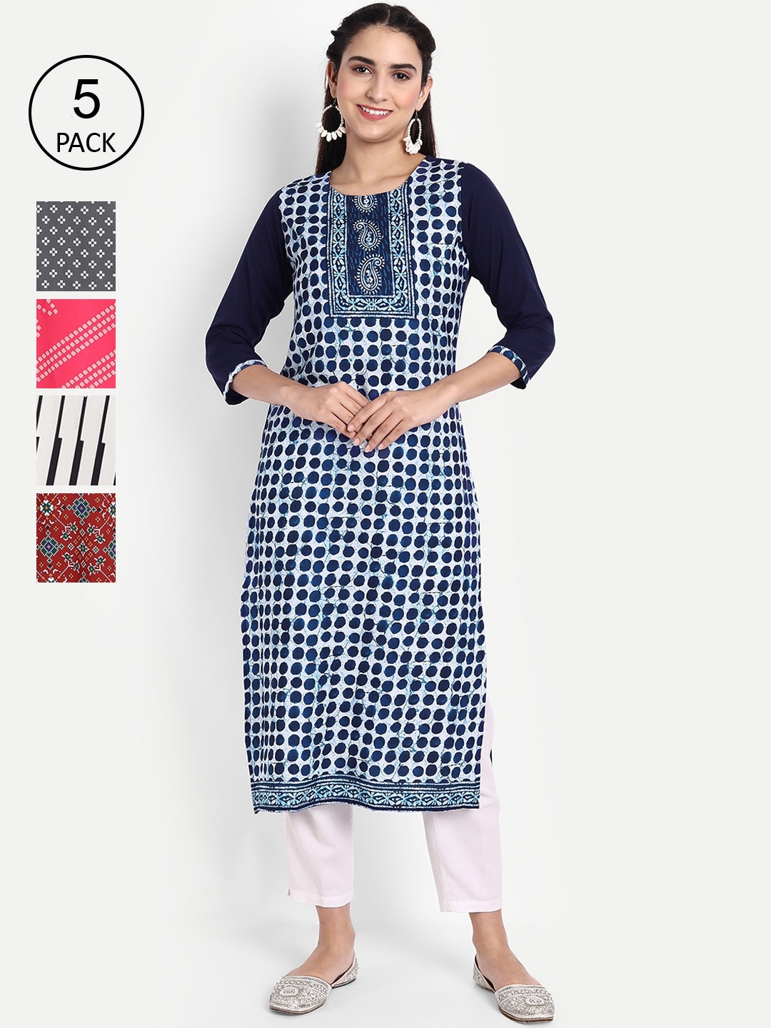 

Ethnic basket Women Multicoloured Pack of 5 Ethnic Motifs Crepe Kurta, Multi