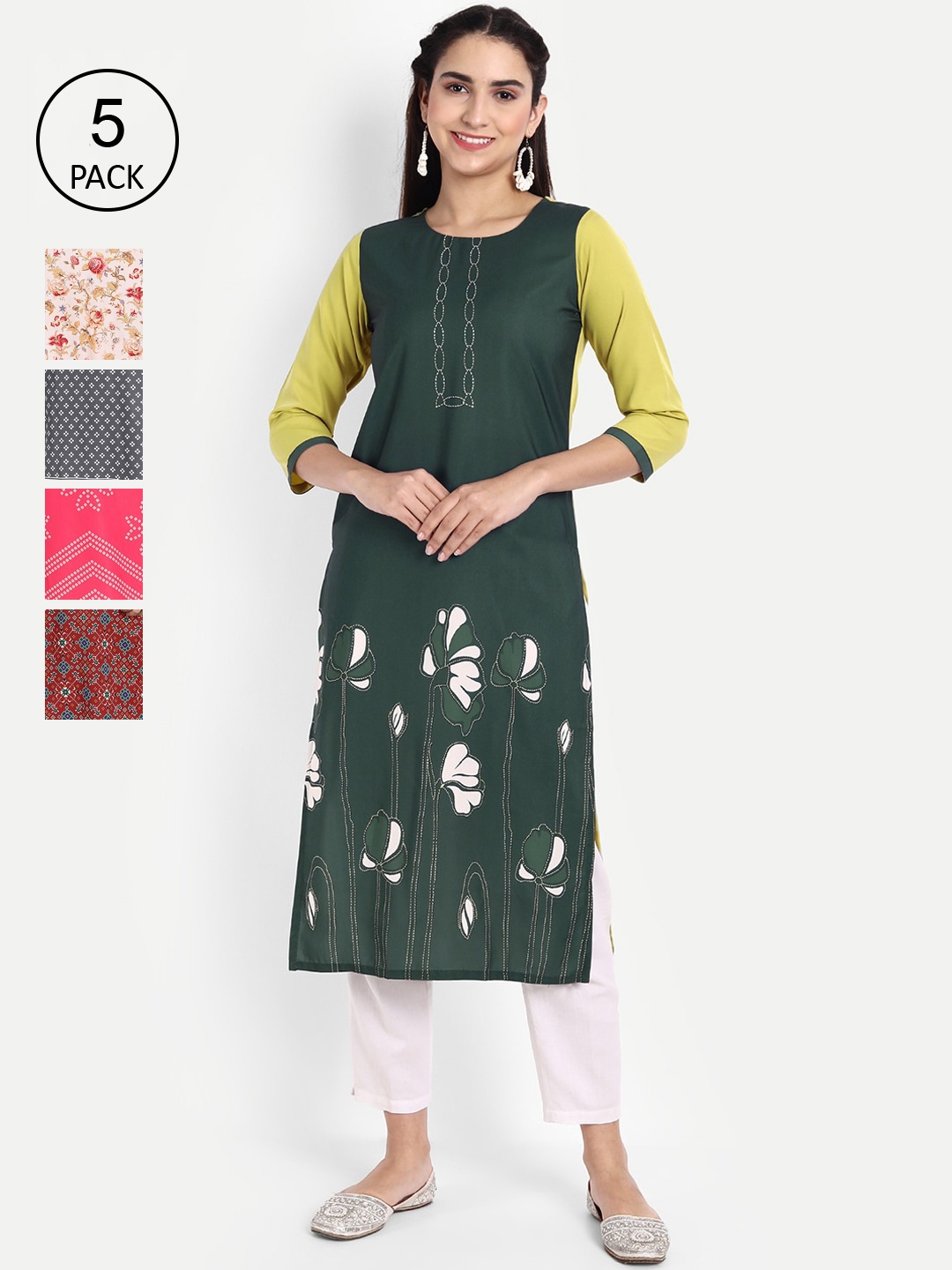 

Ethnic basket Women Green & Maroon Pack Of 5 Digital Printed Straight Kurta