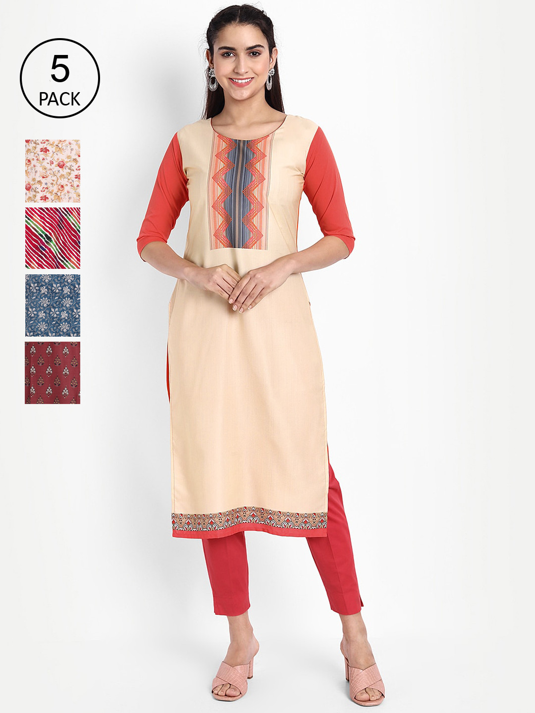 

Ethnic basket Pack of 5 Women Ethnic Motifs Printed Crepe Kurta, Multi