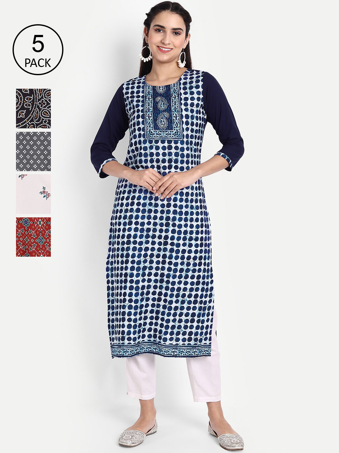 

Ethnic basket Women Multicoloured Pack of 5 Ethnic Motifs Crepe Kurta, Multi