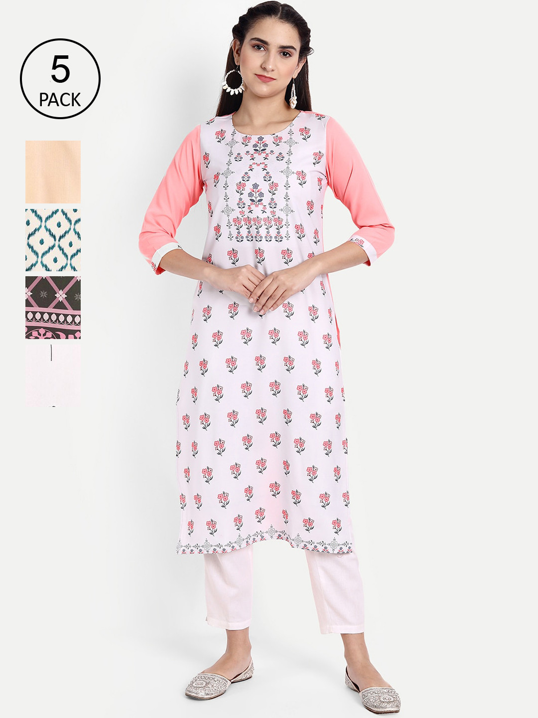 

Ethnic basket Women Pack of 5 Multicoloured Printed Crepe Straight Kurta, Multi
