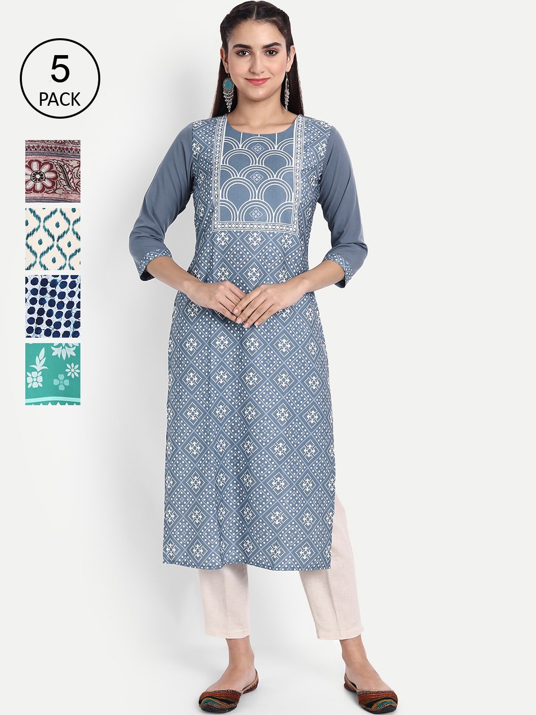 

Ethnic basket Women Multicoloured Set of 5 Ethnic Motifs Printed Crepe Kurta, Multi