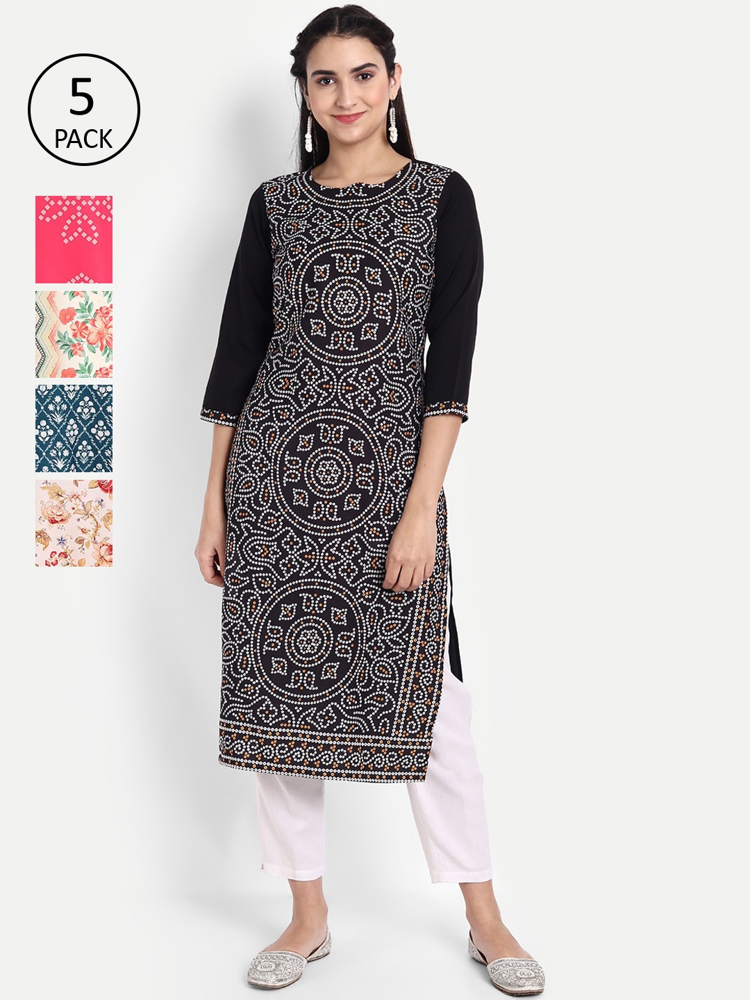 

Ethnic basket Women Pack Of 5 Printed Crepe Kurta, Black