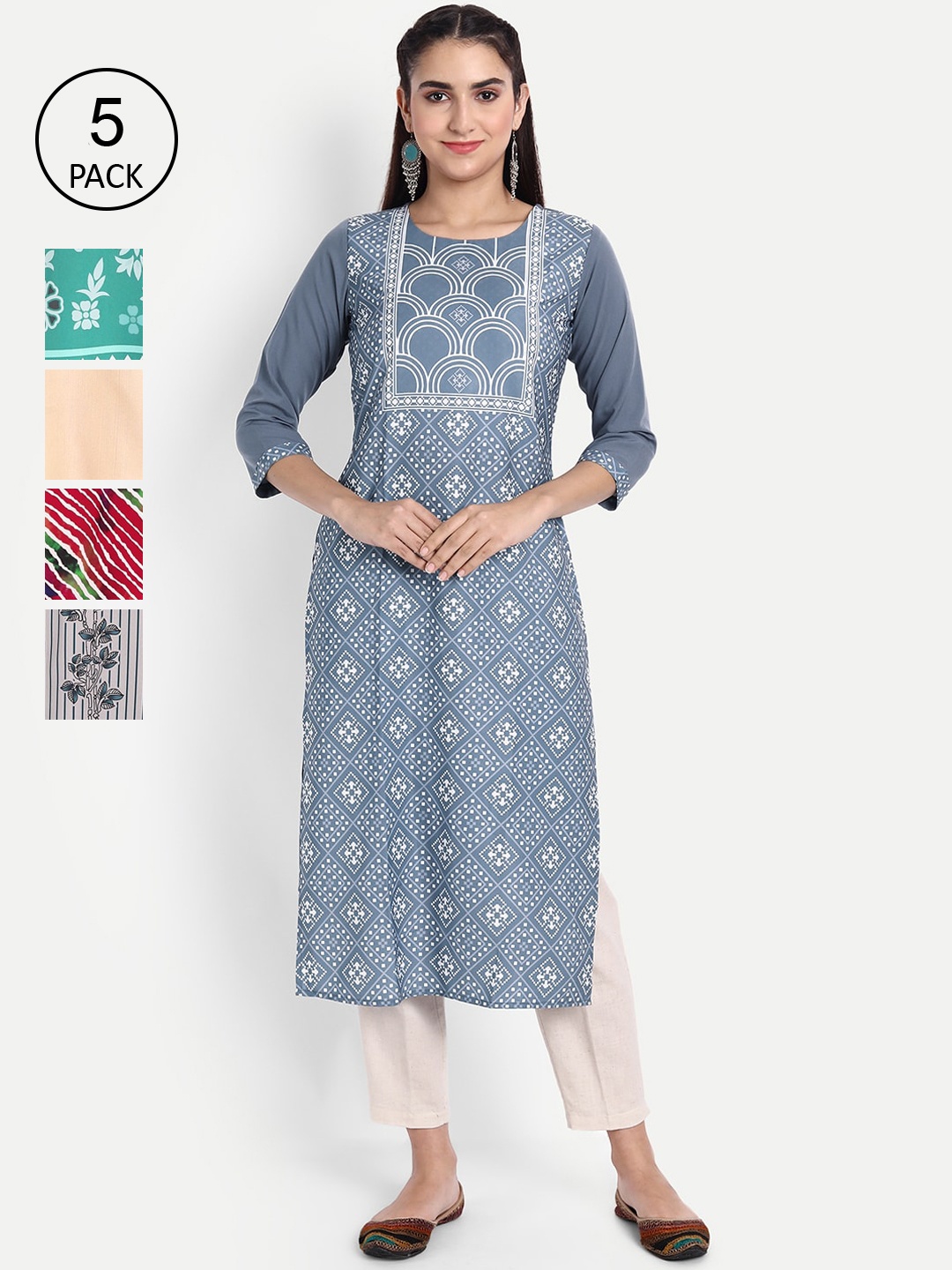 

Ethnic basket Women Pack Of 6 Printed Crepe Kurta, Blue