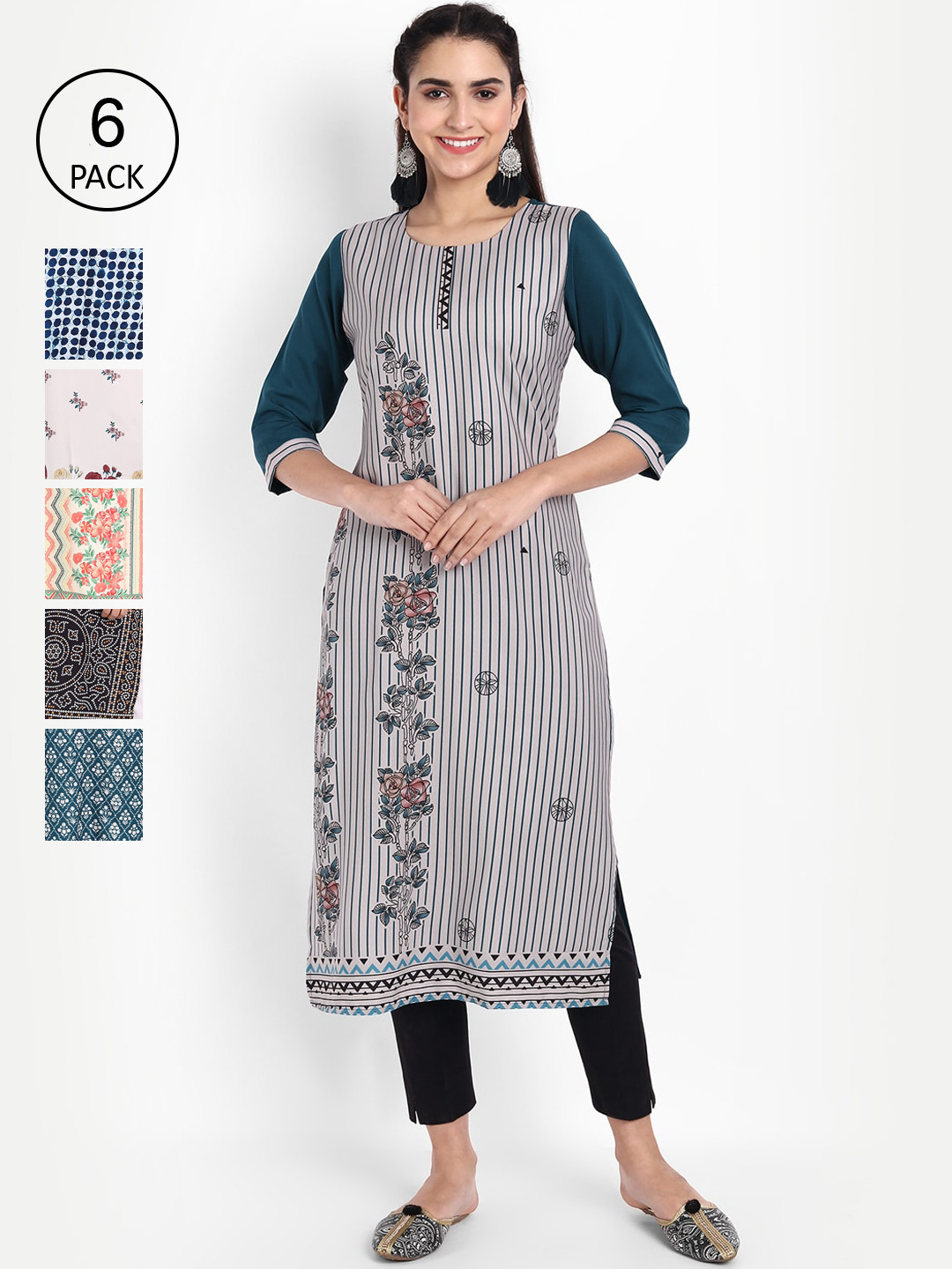 

Ethnic basket Women Pack of 6 Printed Kurtas, Multi