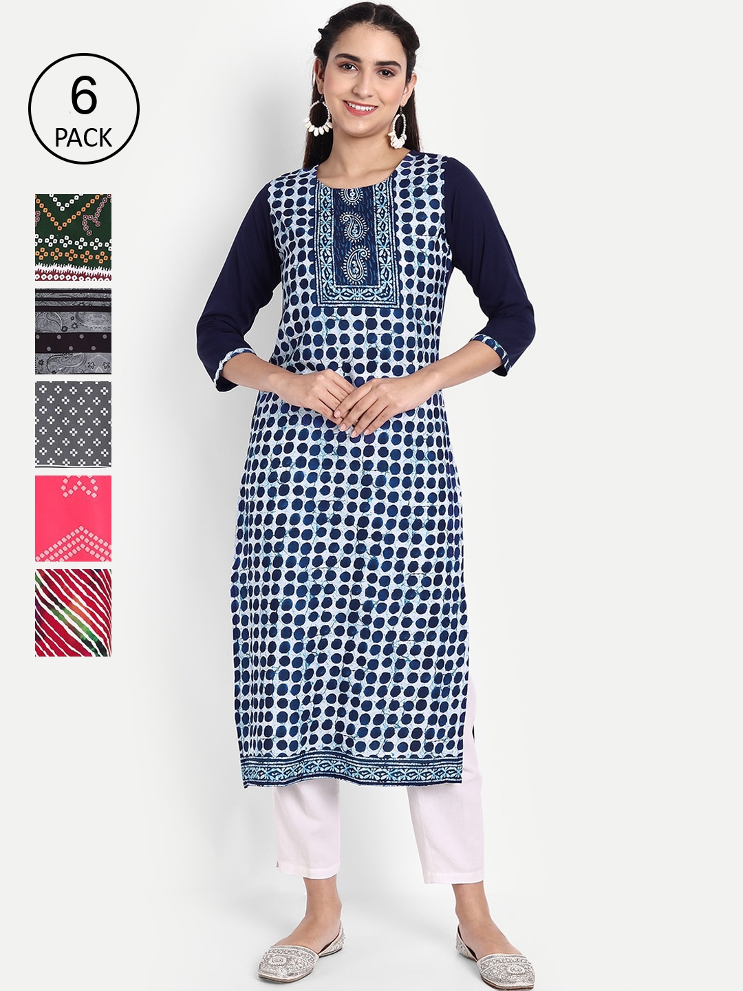 

Ethnic basket Woman Pack of 6 Multicoloured Geometric Printed Crepe Kurta, Multi