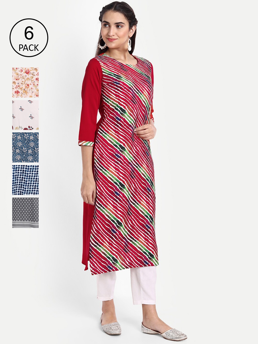 

Ethnic basket Women Pack of 6 Blue & White Printed Crepe Kurta