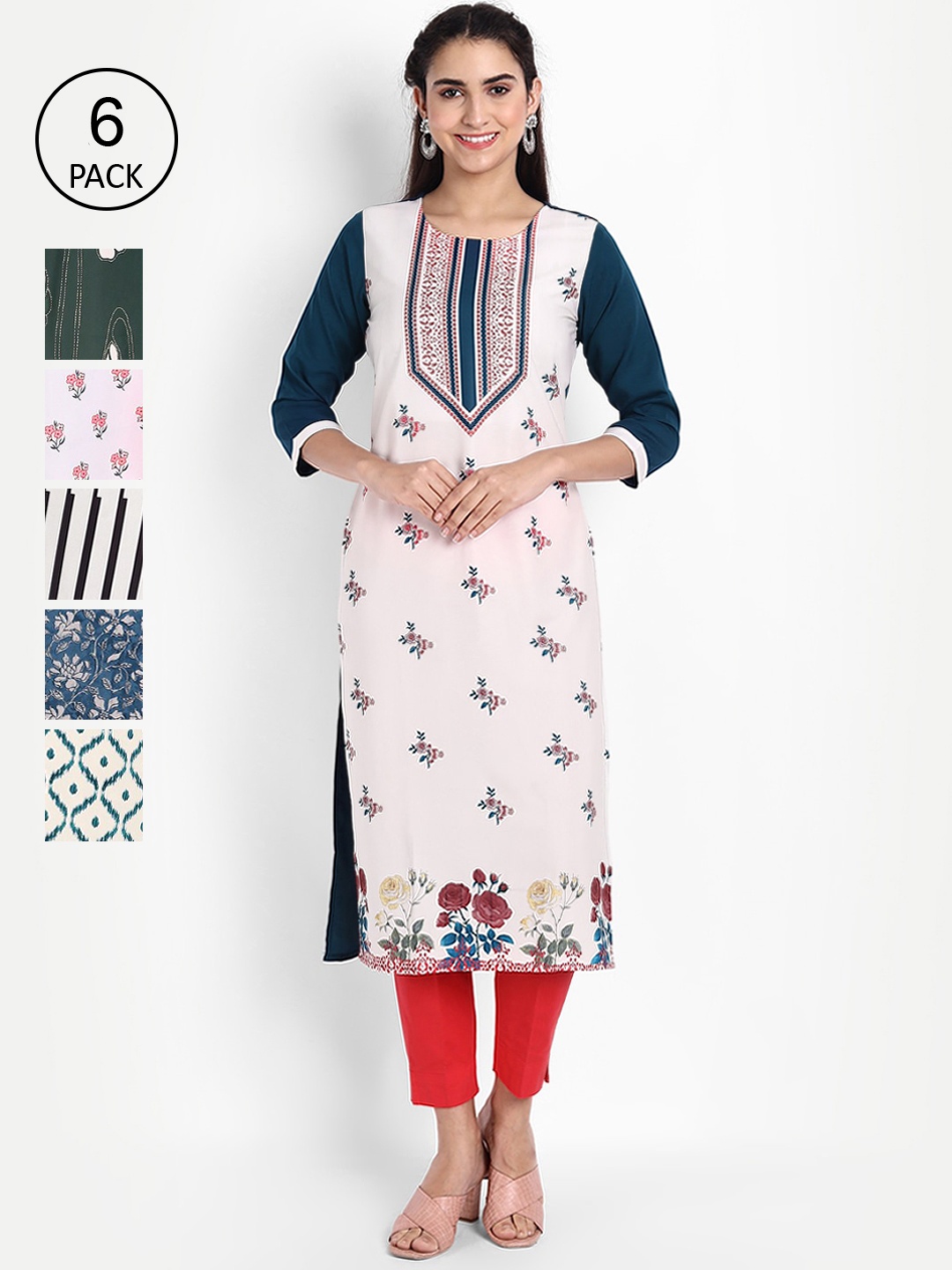 

Ethnic basket Women Multicoloured Pack of 6 Floral Crepe Kurta, Multi