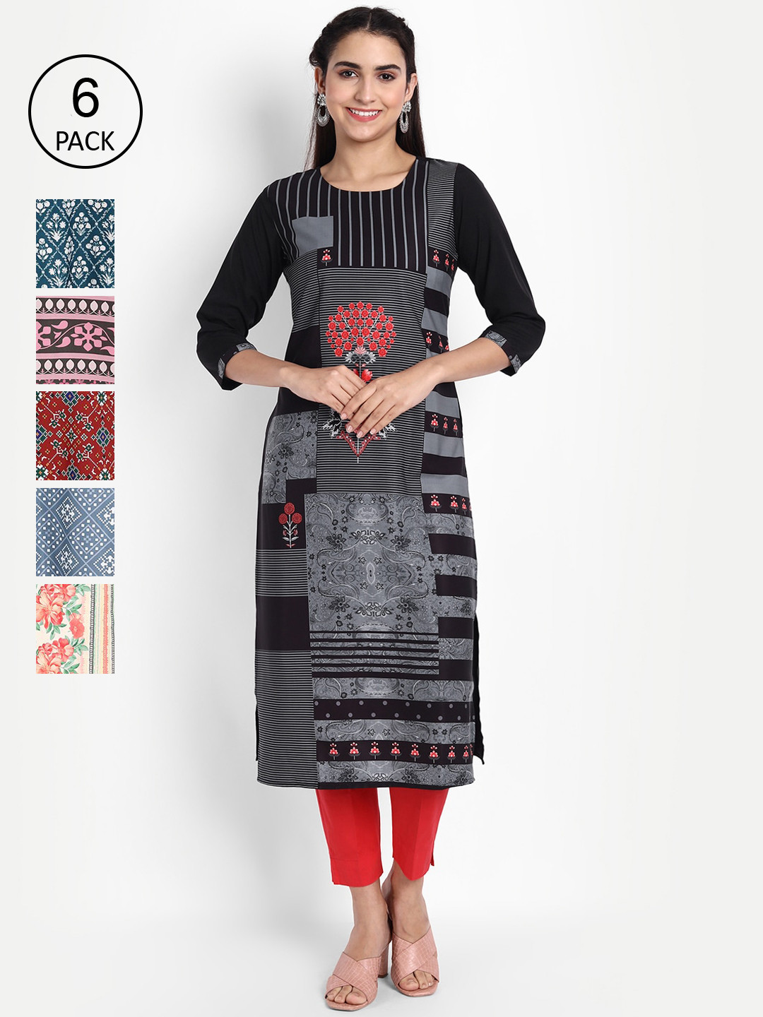 

Ethnic basket Woman Pack of 6 Multicoloured Geometric Printed Floral Crepe Kurta, Multi