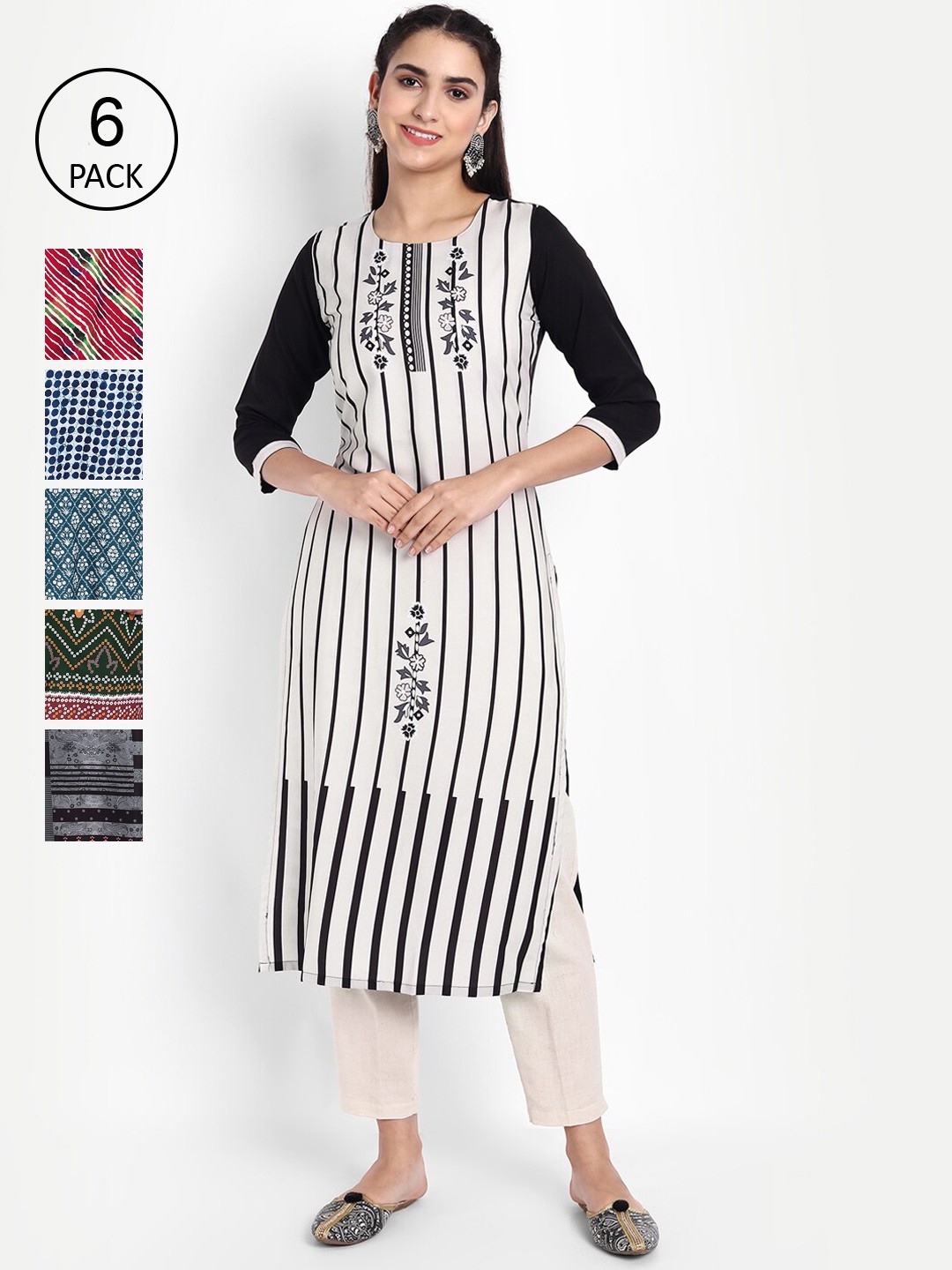

Ethnic basket Women Grey & Green Pack Of 6 Print Straight Kurta, White