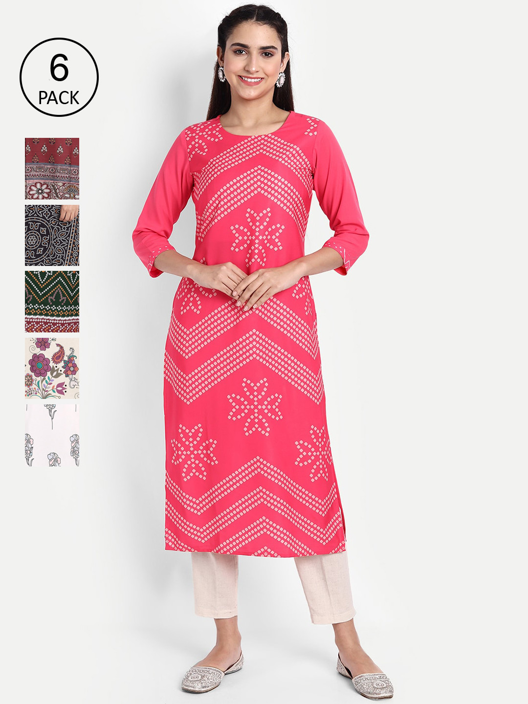 

Ethnic basket Women Pack of 6 Printed Kurtas, Pink