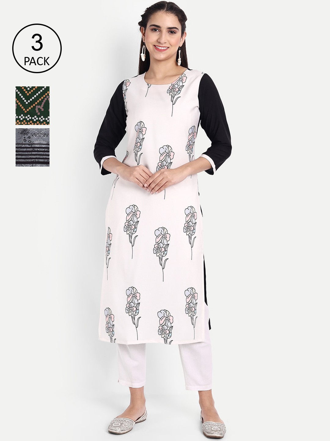 

Ethnic basket Women Pack Of 3 Printed Crepe Kurta, White