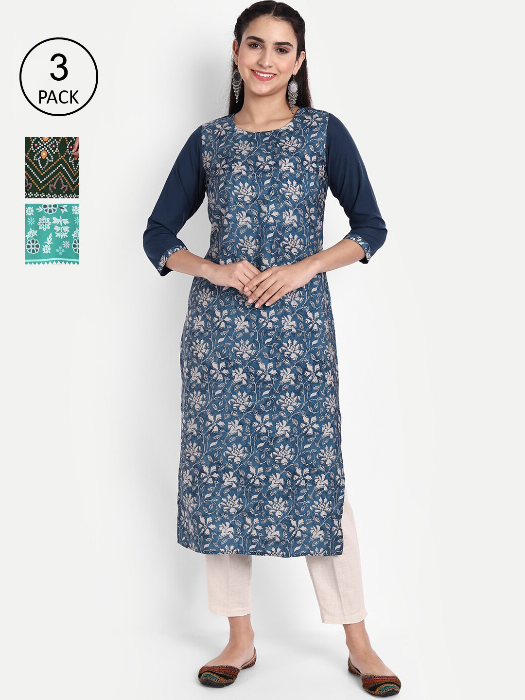 

Ethnic basket Women Pack Of 3 Multicoloured Ethnic Motifs Printed Kurta, Multi