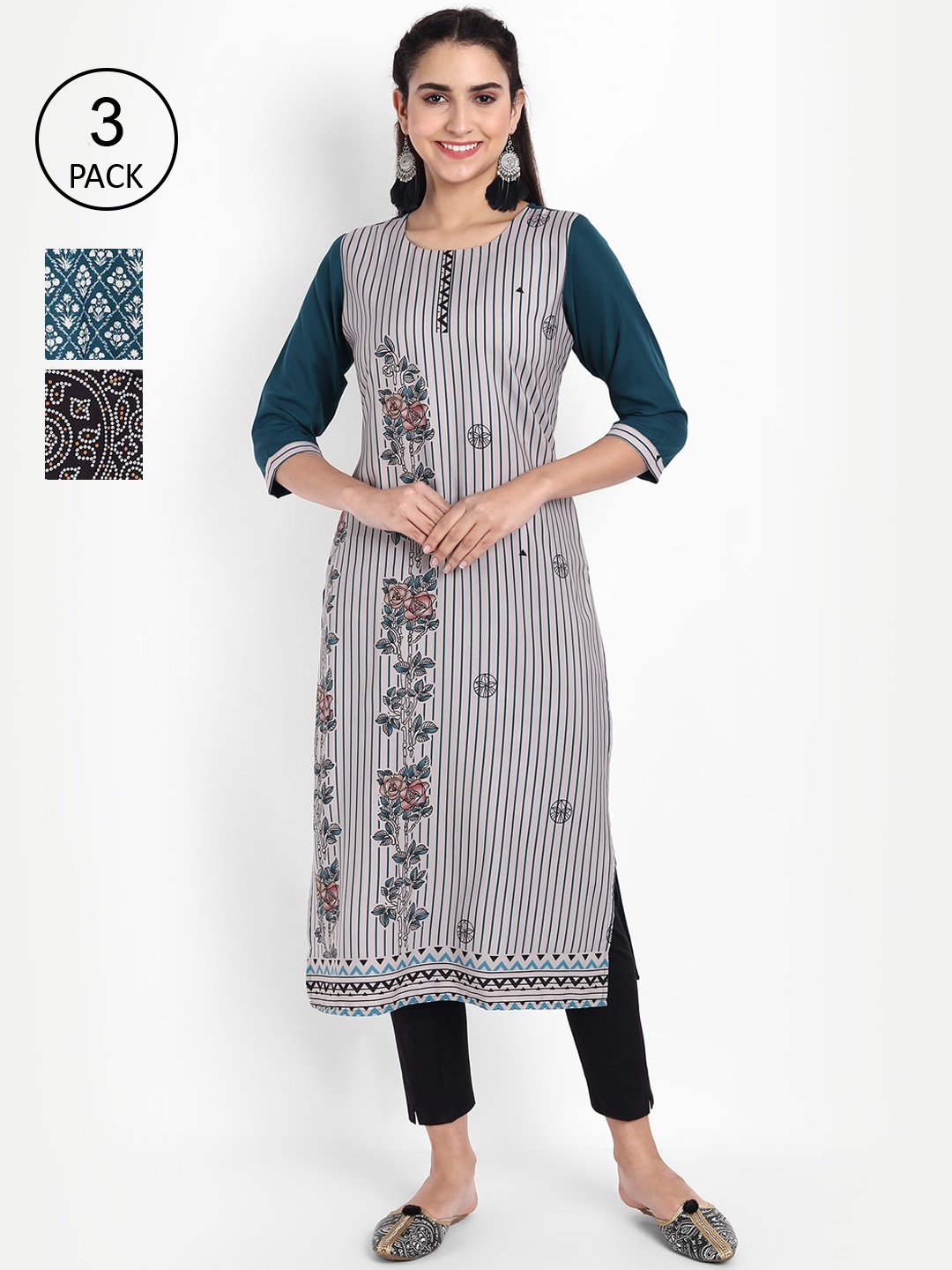 

Ethnic basket Women Pack of 3 Ethnic Motifs Printed Crepe Kurta, Green
