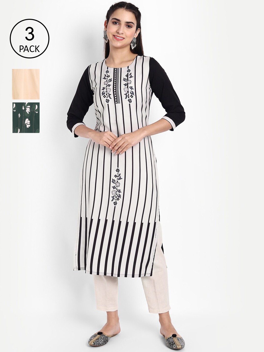 

Ethnic basket Women Pack Of 3 Printed Crepe Kurta, White