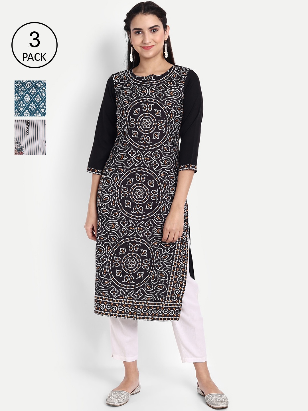 

Ethnic basket Women Pack of 3 Ethnic Motifs Printed Crepe Kurta, Black