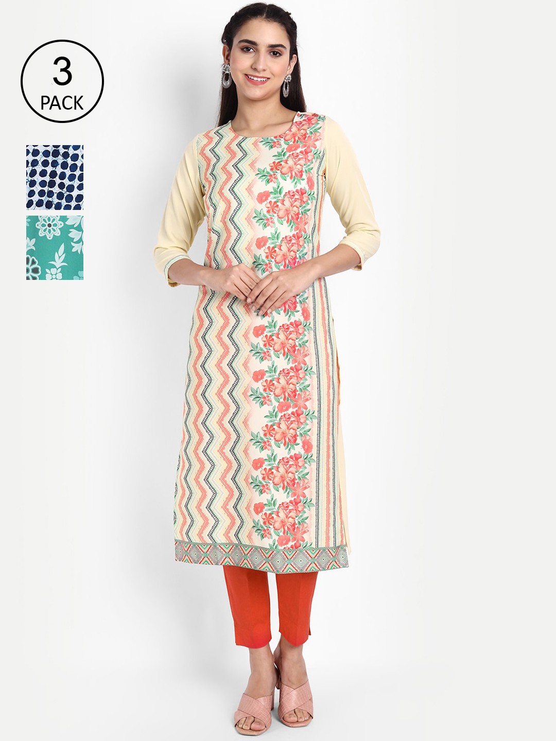 

Ethnic basket Women Pack of 3 Ethnic Motifs Printed Crepe Kurta, Yellow