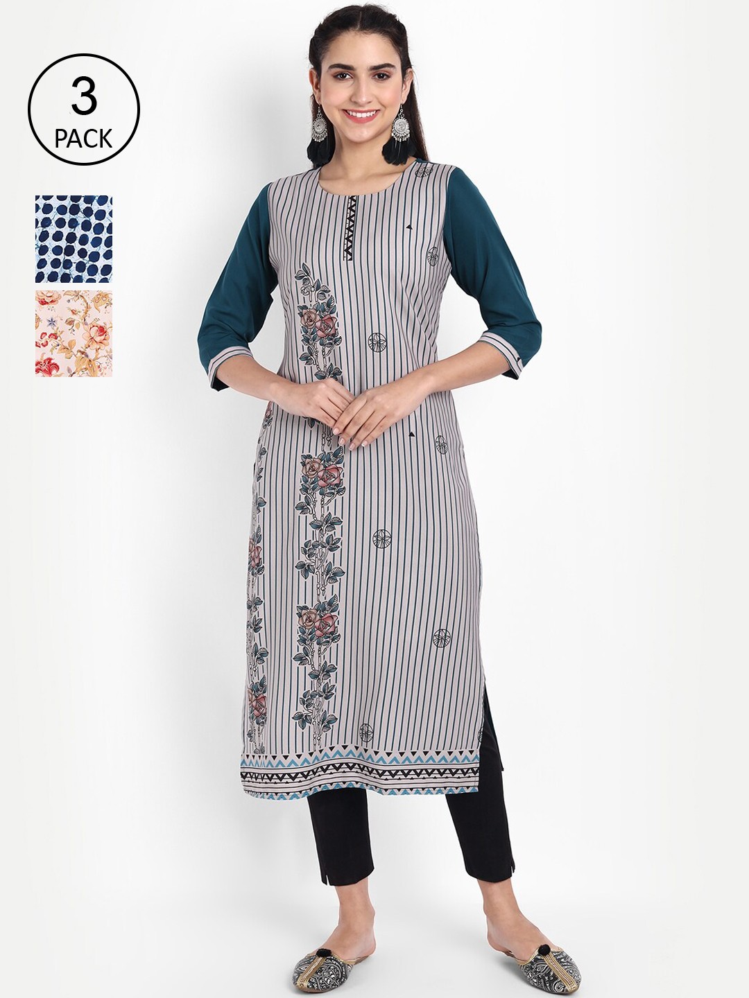

Ethnic basket Women Pack Of 3 Printed Crepe Kurta, Blue